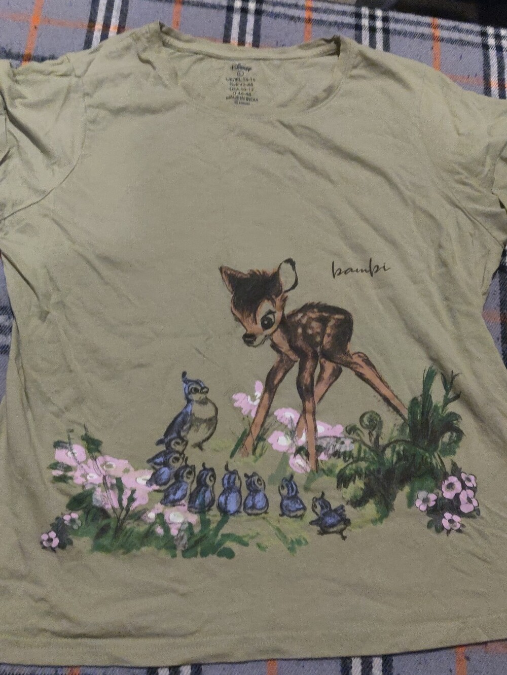 Women's Disney Bambi Short Sleeve Tee in Olive Green with Floral Print Sz Large